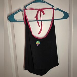 NWT Black Tank Top with Pink Trim and Mushroom Patch